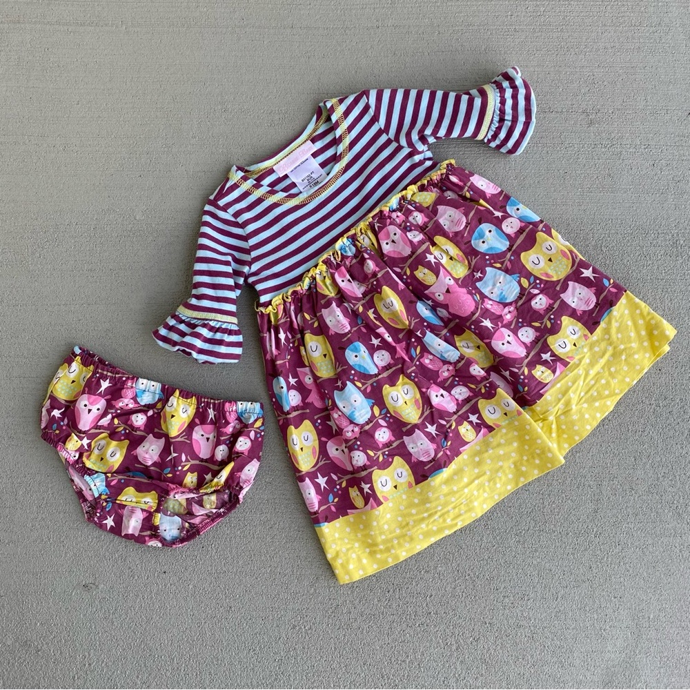 💜 Bonnie Baby 18M Dress & Bloomers Set ~ Purple Teal Stripe, Yellow Pink Owls